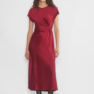 Saiph burgundy satin midi dress featuring a distinctive knot or twist-front Smal
